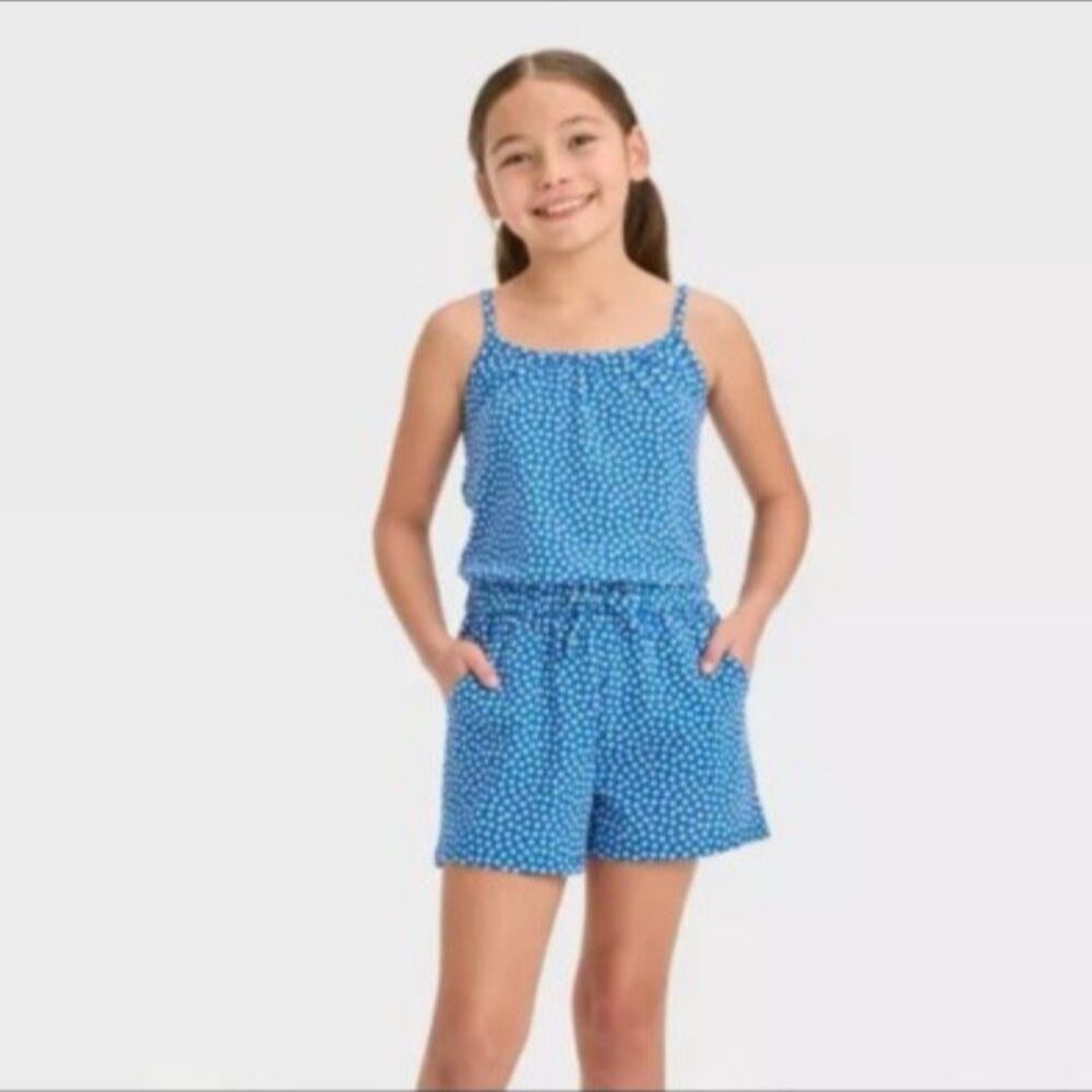 Cat & Jack Girls' Sleeveless Stars Knit Romper Blue Size Large 10/12